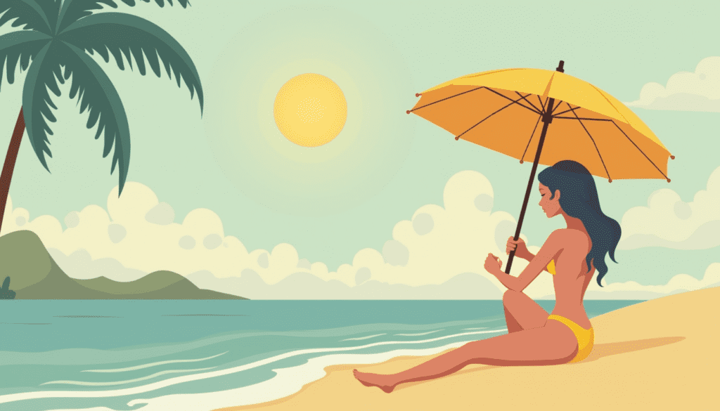 Illustration of a woman in a yellow bikini sitting on a beach under an umbrella with a sunny sky